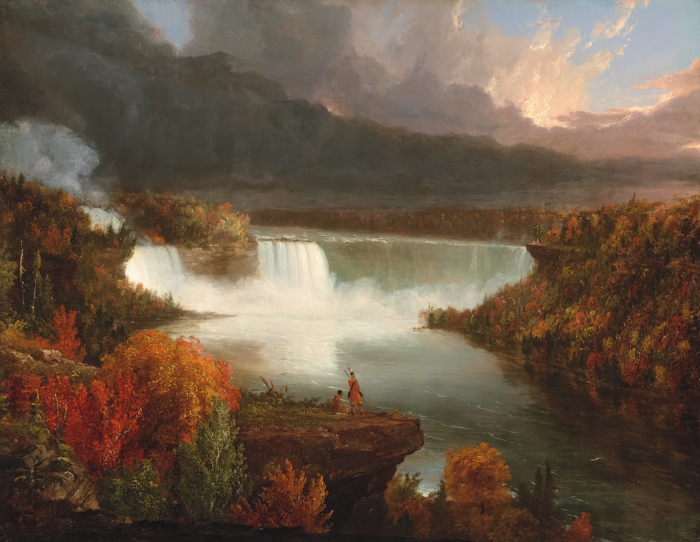 a painting of a man standing on a cliff overlooking a waterfall