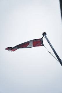 A Canadian flag is slightly tattered, waving from the top of a flagpole against an overcast sky. The flag's red and white colors are muted, and the maple leaf design is partially visible while the flag flutters.