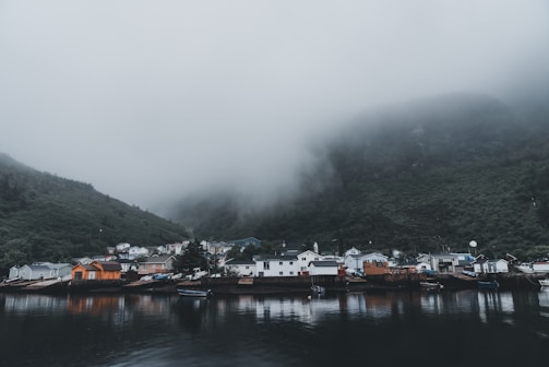 A serene riverside village at dawn, with mist rising and traditional houses nestled among trees.