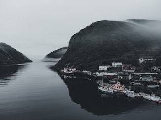 A serene coastal village with fishing boats gently bobbing near a quiet pier at dawn
