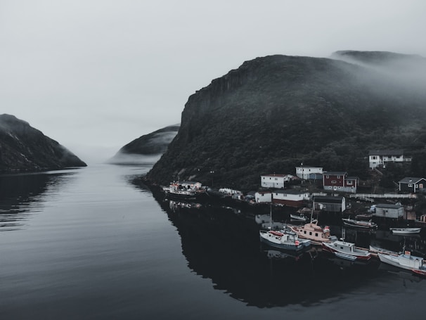 A serene coastal village with fishing boats gently bobbing near a quiet pier at dawn