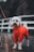 A fluffy white dog dressed in a bright red raincoat stands on a wet wooden deck. The background features a white railing, suggesting an outdoor setting, possibly in a park or garden.