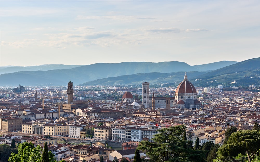 a view of a city with mountains in the background