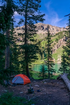 A scenic view features a vibrant orange and grey camping tent nestled among tall pine trees in a forest setting. The background showcases majestic rocky mountains bathed in sunlight, with a serene turquoise lake reflecting the sky. The ground around the tent has a few scattered items like a camp stove and cookware, indicating an active campsite.