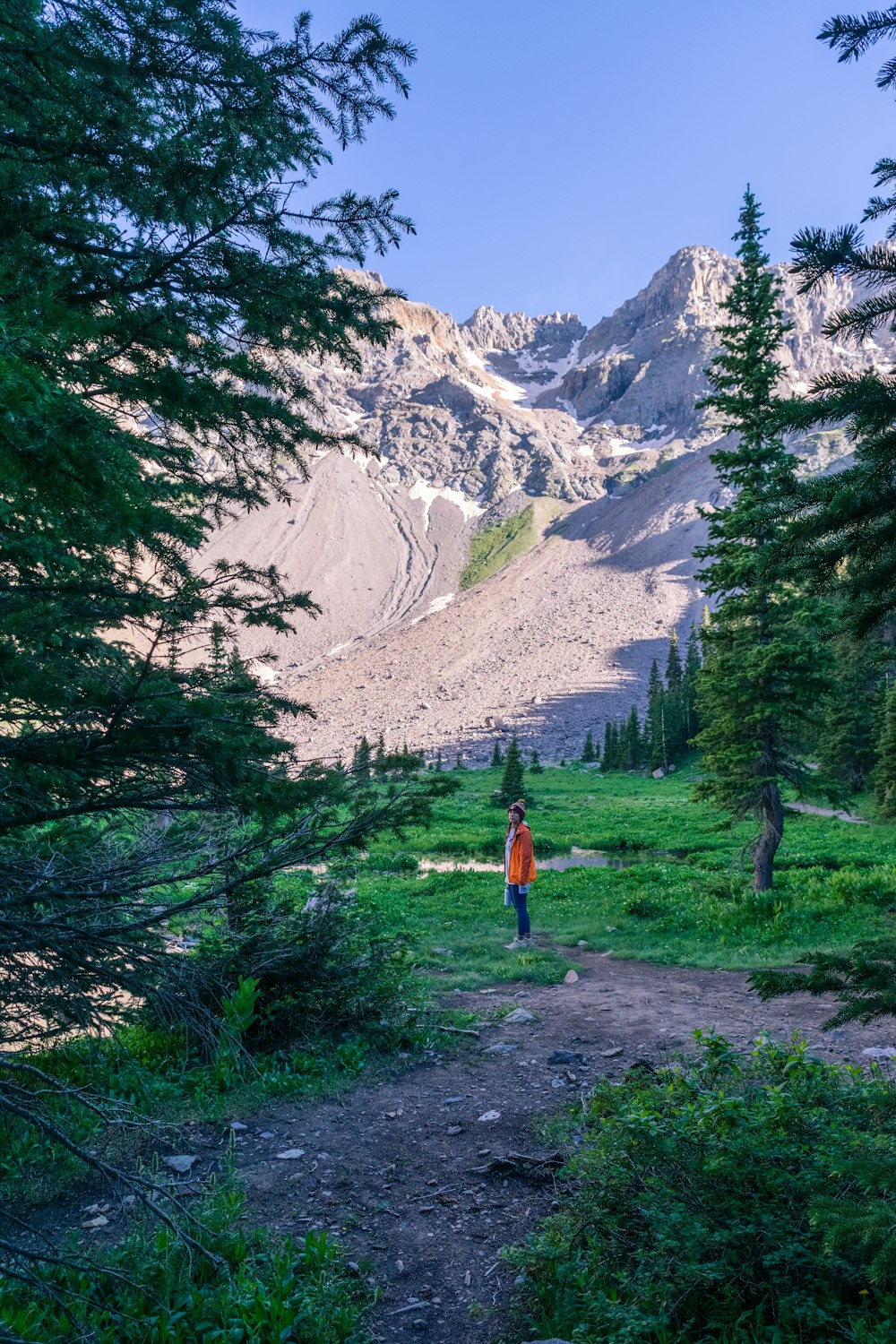 a person standing on a trail in the mountains