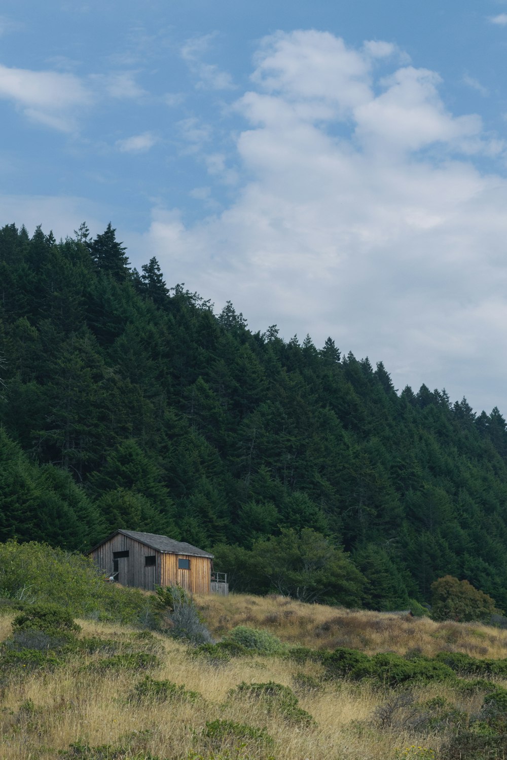 a small cabin in the middle of a grassy field