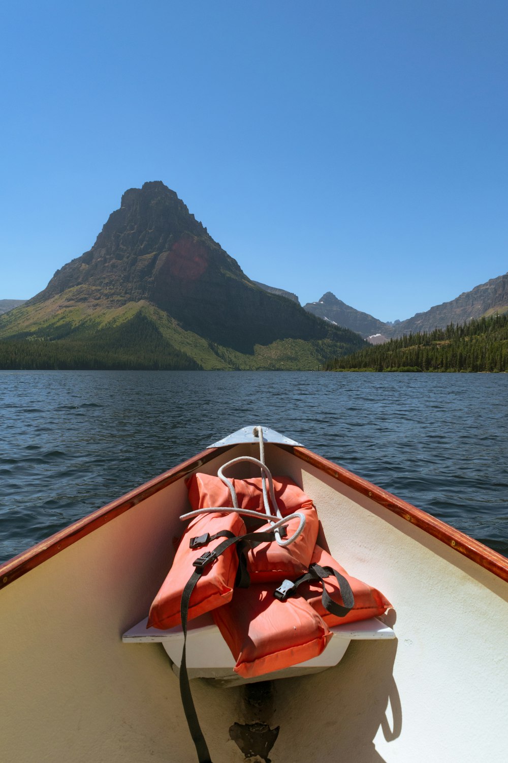 a boat with life vests on the front of it