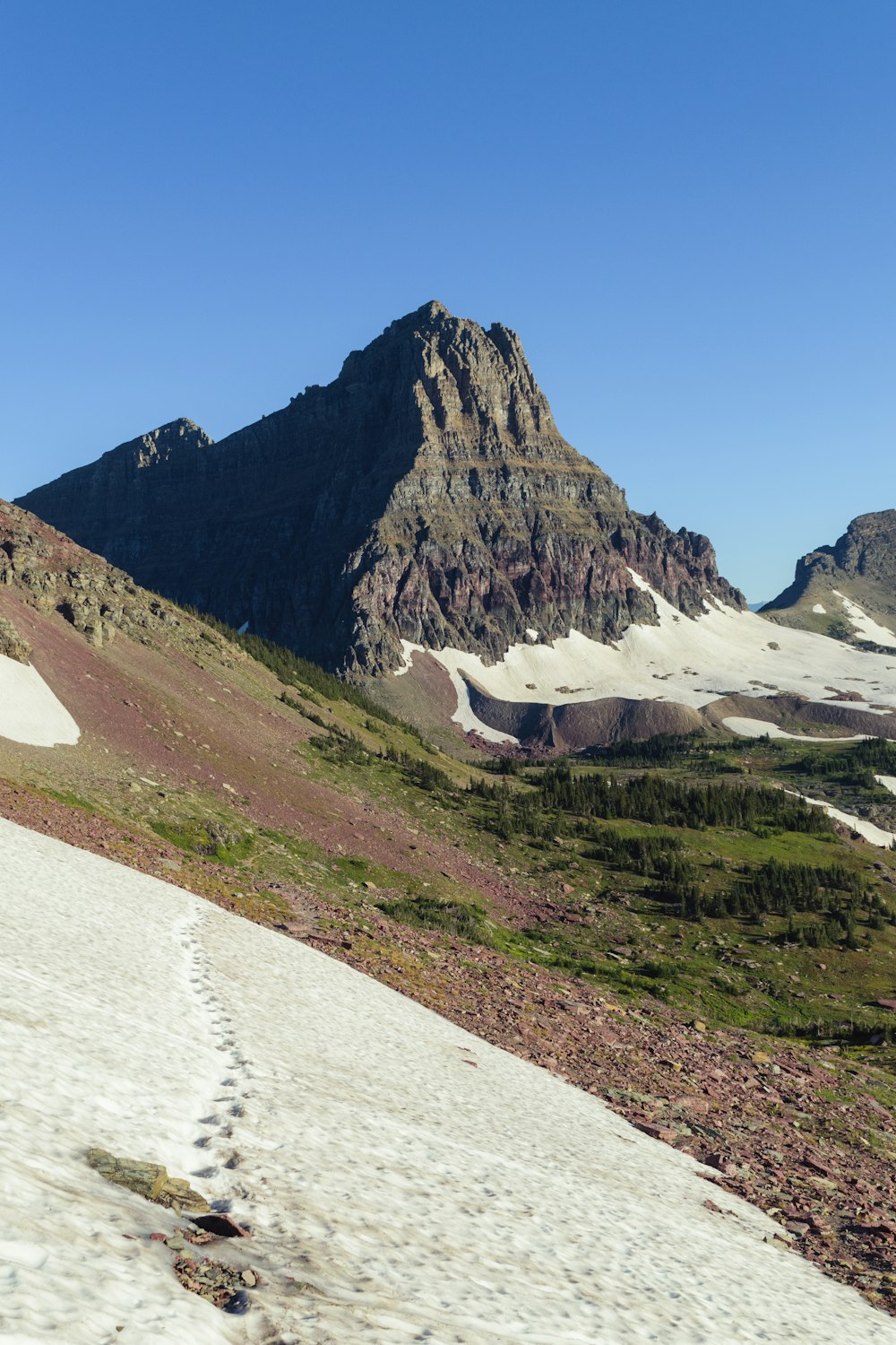 a trail leading to a mountain with snow on it