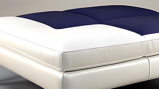 A modern bed with a sleek, minimalist design featuring a padded blue and white mattress. The textures appear soft and comfortable, suggesting luxury and relaxation.
