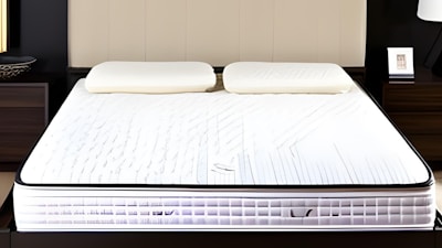 A neatly made bed features a white mattress with two cream-colored pillows. The mattress has a subtle pattern and appears supportive. Situated in a modern bedroom, the bed is flanked by dark wooden nightstands. An elegant, minimalist decor style is evident in the room.