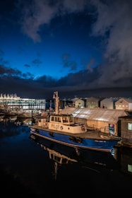 A pilot boat is docked at a marina under a dark, cloudy sky. The boat is predominantly blue and white, with the word 'PILOT' emblazoned on its side. Nearby, several other boats and buildings are visible, illuminated by soft lighting. The reflection of the boat can be seen in the calm water, adding to the serene ambiance. In the background, there are bright lights from a nearby structure or possibly a larger ship, contrasting with the deep blue of the sky.
