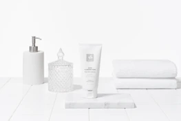 Fresh bathroom setting featuring stylish cleaning and bathroom accessories.