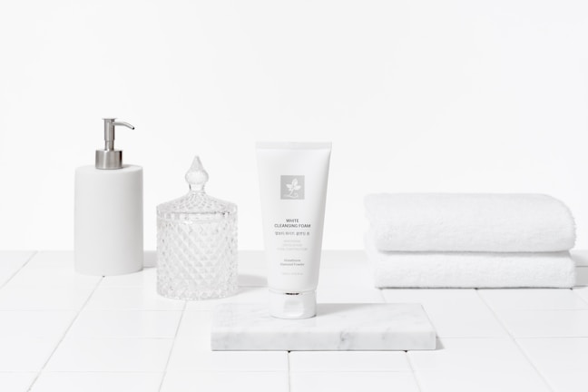 A serene bathroom setting with skincare products neatly arranged.