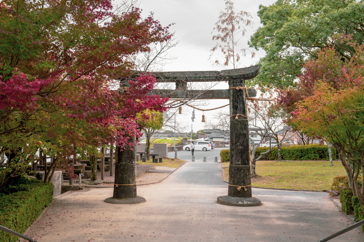 Japan torii gate with autumn leaves