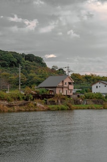 A house with a green roof is situated near a body of water, surrounded by lush greenery. The sky is overcast with gray clouds, and the landscape includes hills covered in dense foliage.