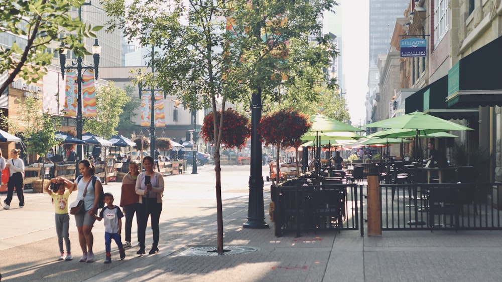 a group of people walking down a city street