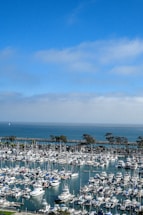 A marina filled with numerous yachts and boats docked in the calm, blue water. The horizon shows a vast expanse of ocean, with a clear sky above scattered with a few small clouds. A thin strip of land separates the marina from the open sea, lined with trees and some greenery.