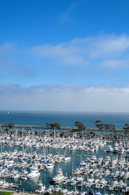 A marina filled with numerous yachts and boats docked in the calm, blue water. The horizon shows a vast expanse of ocean, with a clear sky above scattered with a few small clouds. A thin strip of land separates the marina from the open sea, lined with trees and some greenery.