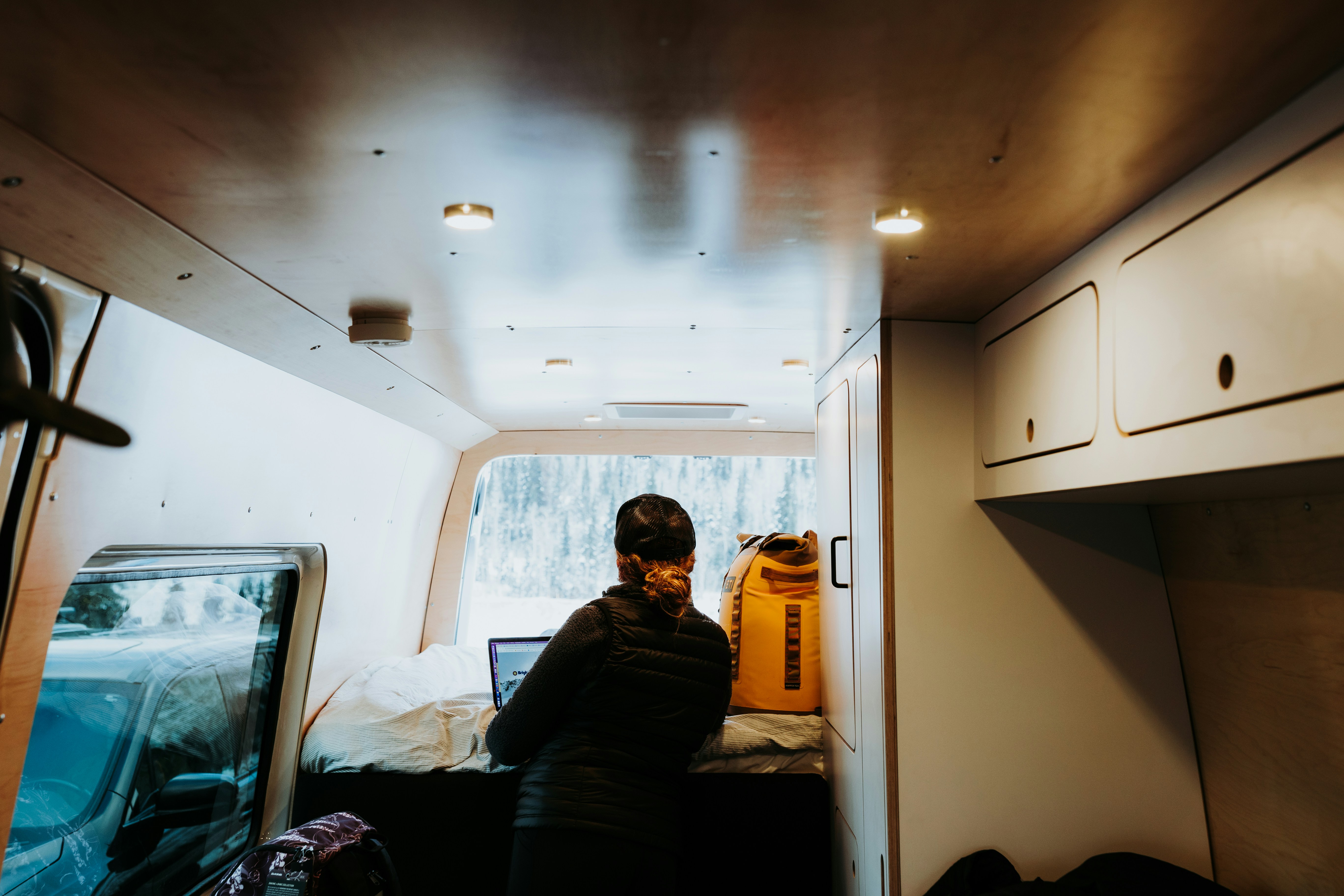 Interior of a customized sprinter van for van life