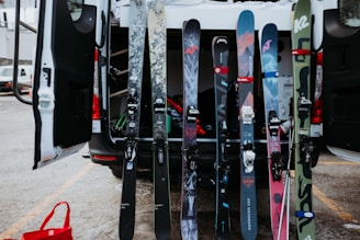 A ridesleeve airshield protecting skis inside the back of a packed vehicle, ready for the next mountain trip