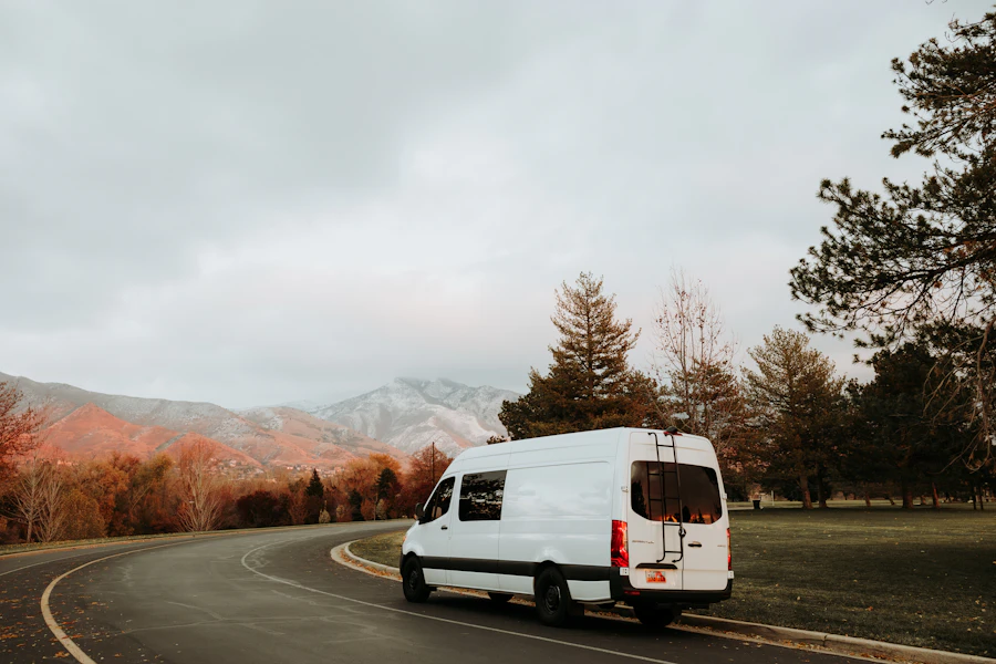 A white van on a country road