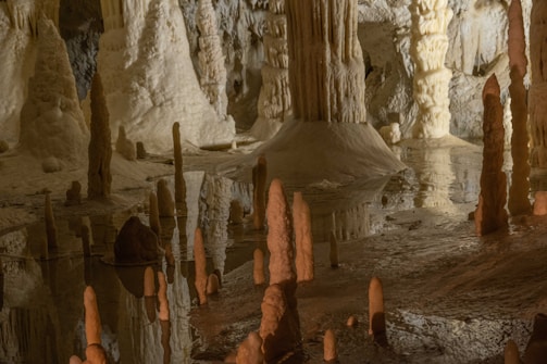 A cave interior with numerous stalagmites and stalactites, exhibiting intricate formations. The cave floor is partially covered with water, reflecting the surrounding formations. The lighting accentuates the natural textures and shapes of the rocky surface, creating an otherworldly atmosphere.