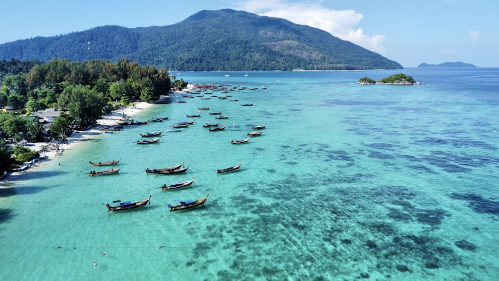 a group of boats floating on top of a body of water