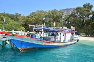 A colorful boat docked by a crystal-clear lagoon surrounded by lush greenery.