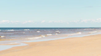 Wide-angle shot of a serene beach with gentle waves.