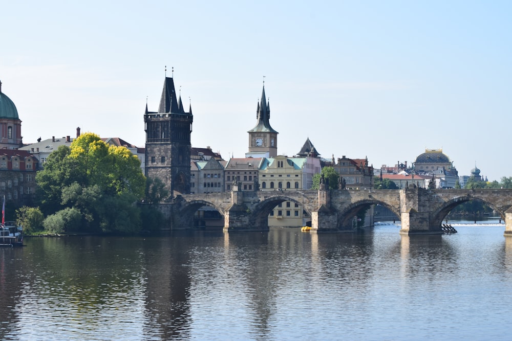 a bridge over a body of water with a castle in the background