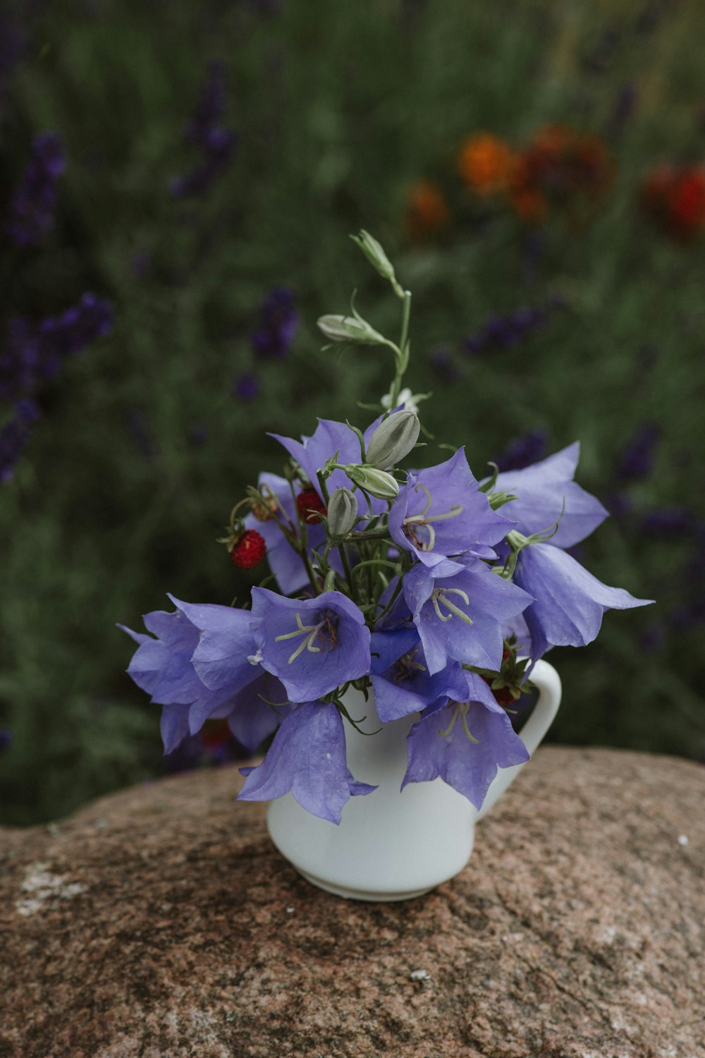 a white vase filled with purple flowers on top of a rock