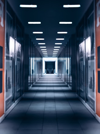 a long hallway with a bunch of lights on the ceiling