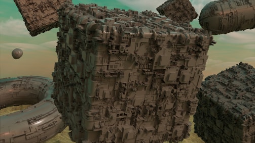 A highly detailed and intricate large metallic cube, surrounded by various other complex geometric shapes in a futuristic style, all floating in an airborne disposition. The scene appears to be situated against a cloudy, slightly hazy sky.