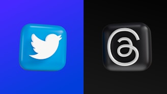On the left is a 3D blue square icon featuring a white bird, commonly associated with Twitter. On the right is a 3D black square icon with a white spiraling 'at' symbol, resembling an app logo.