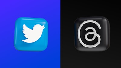 On the left is a 3D blue square icon featuring a white bird, commonly associated with Twitter. On the right is a 3D black square icon with a white spiraling 'at' symbol, resembling an app logo.
