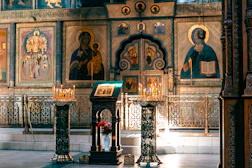 a church with a large painting on the wall