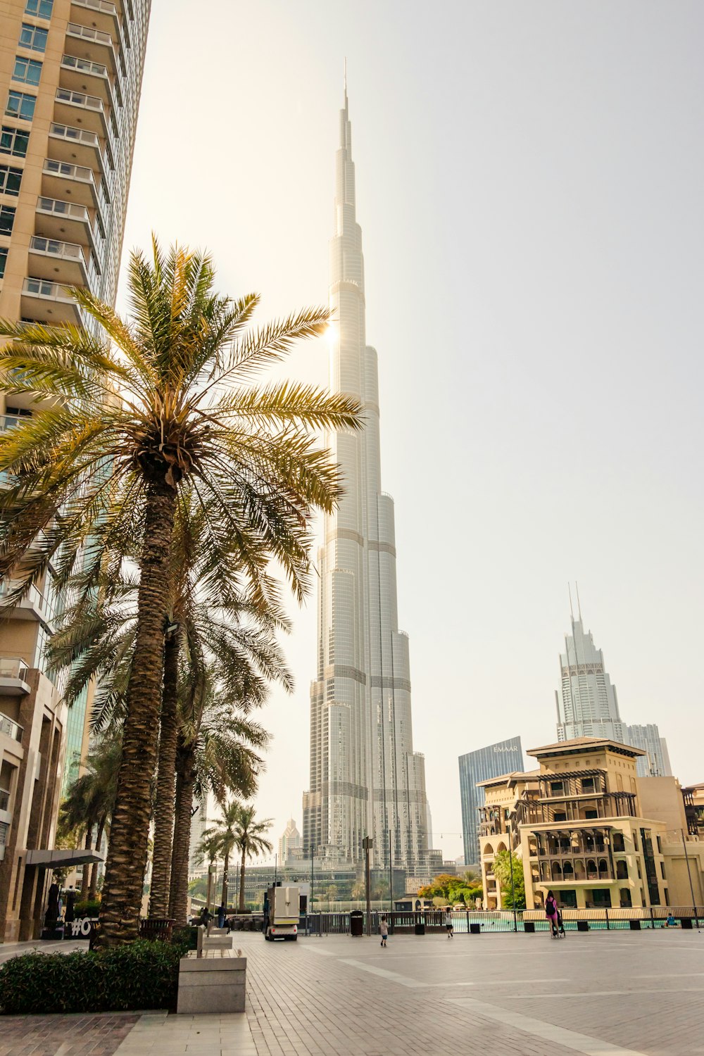 a tall building towering over a city next to palm trees