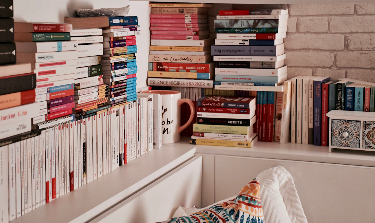 Cozy apartment bookshelves overflowing with colorful books stacked horizontally and vertically against exposed brick wall