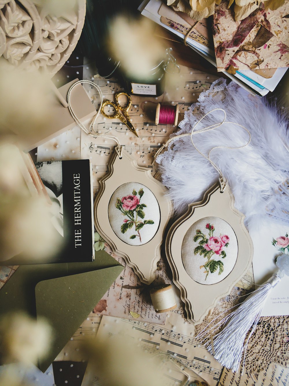 a table topped with plates and other items