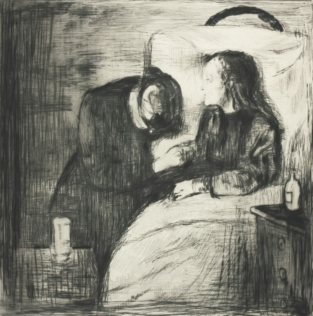 a drawing of a man and a woman in bed