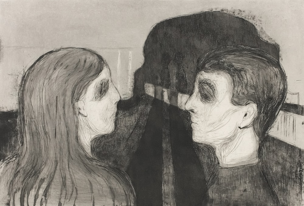 a drawing of a man and a woman facing each other