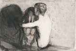 A dark, monochromatic etching portrays an intimate scene where two figures are entwined, with one seemingly comforting the other. The sketchy, abstract style creates a raw and expressive composition filled with emotional tension.