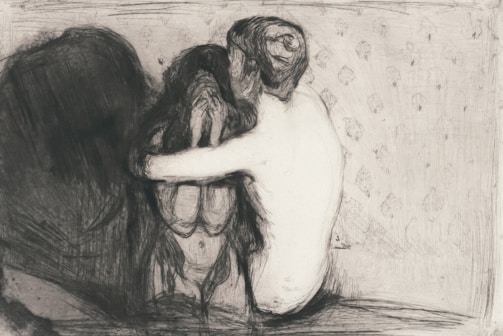 A dark, monochromatic etching portrays an intimate scene where two figures are entwined, with one seemingly comforting the other. The sketchy, abstract style creates a raw and expressive composition filled with emotional tension.