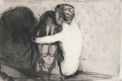 A delicate grayscale sketch of two figures meeting, capturing a moment of connection.