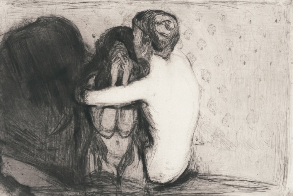 a black and white drawing of a man hugging a woman