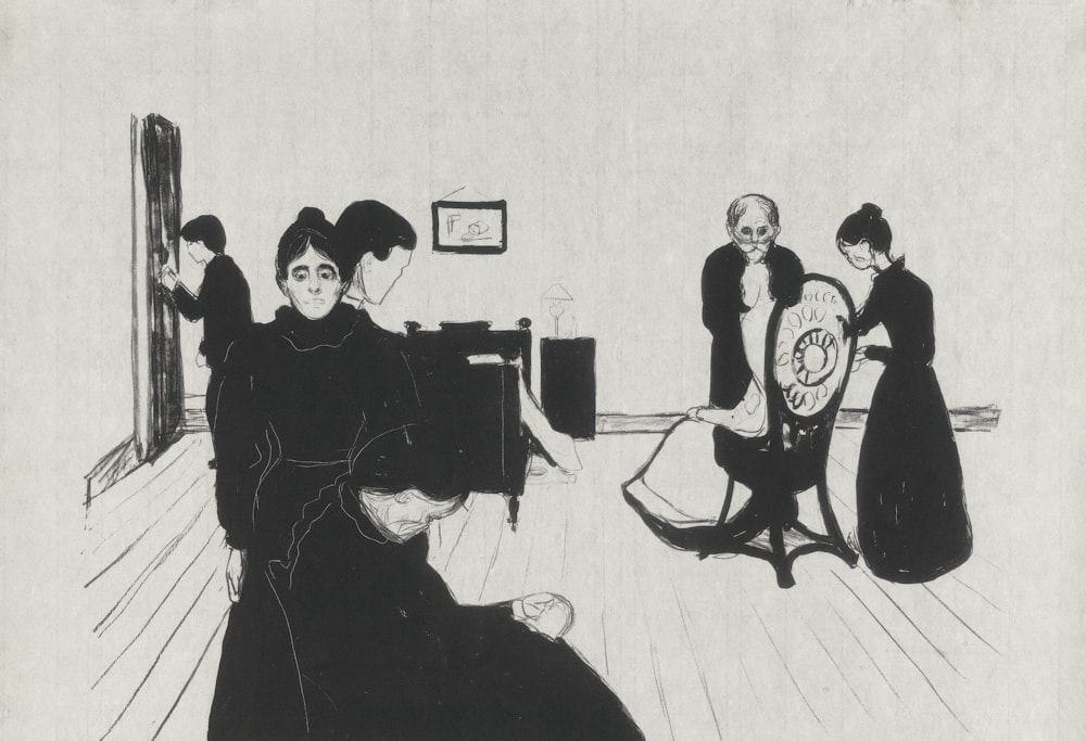 a black and white drawing of people in a room