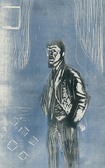 A stylized illustration features a well-dressed man standing, facing slightly to the right. The background consists of abstract shapes and lines, primarily in shades of blue and white. There are vertical lines across the scene, and a window-like shape is present in the upper left corner.