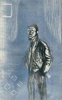 A stylized illustration features a well-dressed man standing, facing slightly to the right. The background consists of abstract shapes and lines, primarily in shades of blue and white. There are vertical lines across the scene, and a window-like shape is present in the upper left corner.