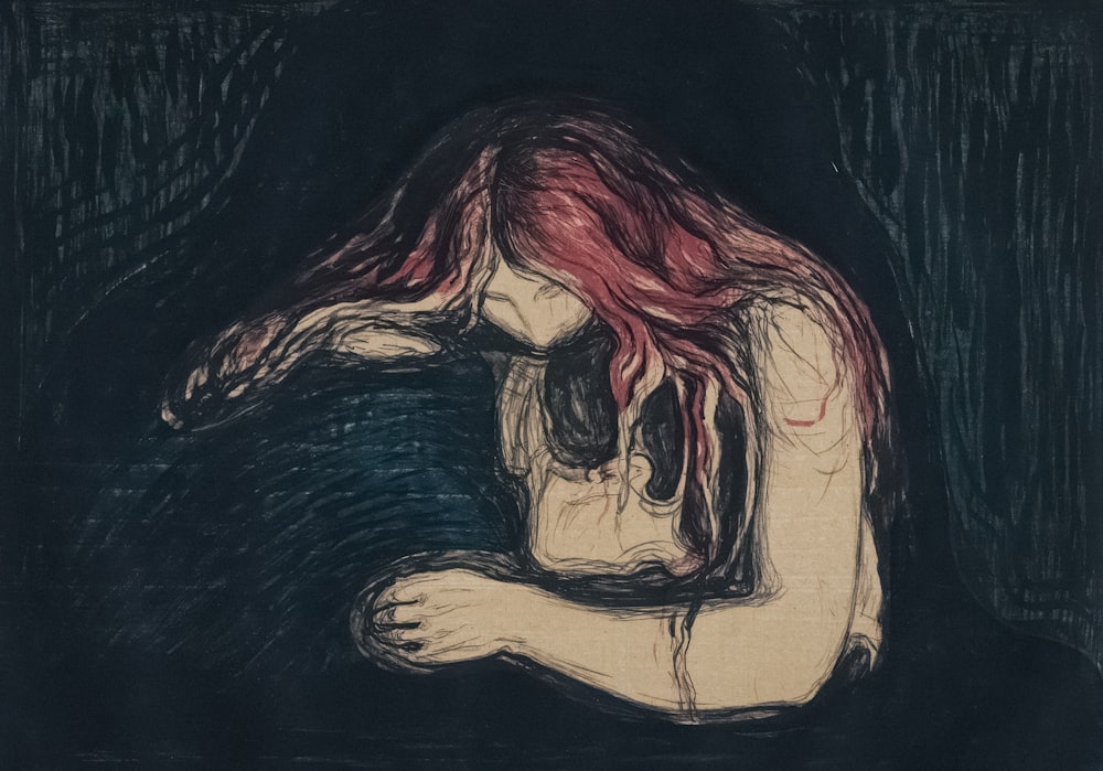 a drawing of a woman with red hair