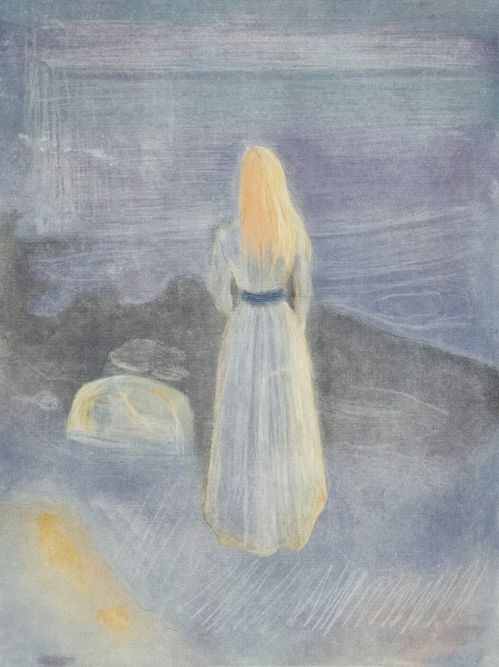 a drawing of a woman in a white dress